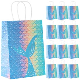 Cabaubl 12 PCS Mermaid Goodie Bags,Mermaid Party Favor Bags,Mermaid Candy Goodie Treat Bags,Kraft Paper Gift Bags with Handles,Mermaid Party Bags for Under The Sea Baby Shower Birthday Party Supplies