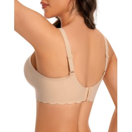 ANGOOL Women's Bra Without Underwire V-Neck Soft Cups Push Up Bra Seamless High Elasticity Bustier Women's Wavy Edges Sleep Bra Padded, beige, M