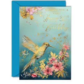 Beautiful Gold 30th Birthday Cards for Women Men - Wonderful Golden Birds Hummingbird - Elegant Traditional Pretty Birthday Card for 30 Year Old Woman Man Her Him, 5x7 Inch Gorgeous Greeting Cards