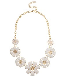 LUX ACCESSORIES Gold Tone and White Floral Flower Fashion Statement Necklace