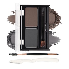 Eyebrow Powder Makeup Kit,2 Colors Waterproof Eye Brow Powder Makeup Palette Long-Lasting for Women,Grey Dark Brown Brow Fill&Sculpt Natural Eyebrow Contour for Sparse Brow with Brow Brush &Razor-04