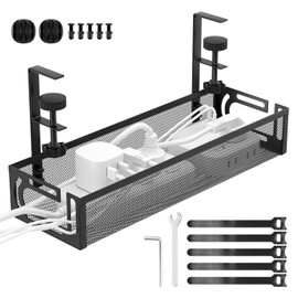 Under Desk Cable Management Tray No Drill, Wire Tray Cord Organizer with Clamp Mount, 2 Hole Cable Tray with Wire Management for Office, Home, Standing Desk 15.75×5.12in