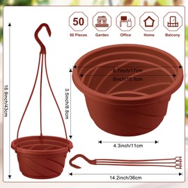 Tioncy 50 Pcs Plastic Hanging Planter Round Hanging Pot for Plants Containers with Hook Flower Plant Pots Holders for Outdoor Indoor Plant Balcony Garden Decor(Coffee)