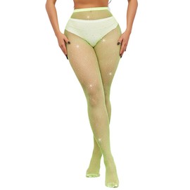 BrightGlow Women's Fishnet Tights Rhinestone Fishnet Stockings High Waist Mesh Tights Seamless Mesh Leggings Women's Glitter Tights with Rhinestones Elastic Fine Tights, yellow, One size fits all