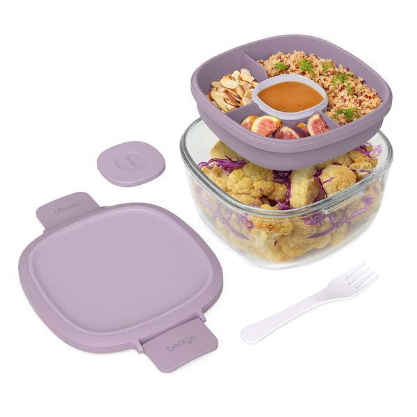 Bentgo® Glass All-in-One Salad Container - Large 61-oz Salad Bowl, 4-Compartment Bento-Style Tray for Toppings, 3-oz Sauce Container for Dressings, and Built-In Reusable Fork (Lavender)