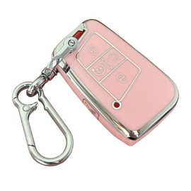 QIXIUBIA for Volkswagen Key Fob Cover Keyless Remote Smart Key Fob Shell with Keychain Fit for VW Volkswagen Atlas Jetta Passat Arteon Tiguan (Pink-Silver)