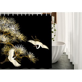 Zaueky Crane Shower Curtain Black Gold White Birds Look at Each Other Oriental Culture Fabric Bath Curtain Bathroom Printing Decor Set with 12 Hooks Standard Size 72×72 Inch