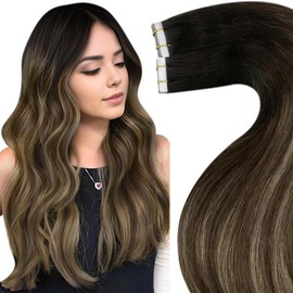LaaVoo Ombre Tape in Hair Extensions Human Hair Natural Black to Medium Brown Mixed Caramel Brown Balayage Tape in Hair Extensions for Women Real Human Hair Extensions Tape in Skin Weft 14Inch 20pcs 50g