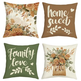 Joymaison Cushion Covers 45 x 45 cm Set of 4 Summer Vintage Flowers Decorative Cushion Cover Flower Eucalyptus Leaves Spring Decorative Cushion Cover for Sofa Couch Bedroom Living Room
