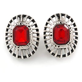 Vintage Inspired Dome Shape Red Glass Oval Clip On Earrings In Silver Tone - 23mm Tall
