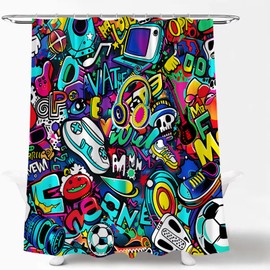 Generic Colorful Graffiti Shower Curtain Music Sports Gamer Lover Modern Abstract Hiphop Youth Music Musical Street Spray Cartoon Doodle Fabric Bathroom Curtain Set with Hooks, Blue