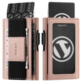 VULKIT Leather Slim Wallet with ID Window and Money Clip, Inner Automatic Pop-Up Aluminium Credit Card Holder, RFID/NFC Blocker Wallet, pink, Minimalist