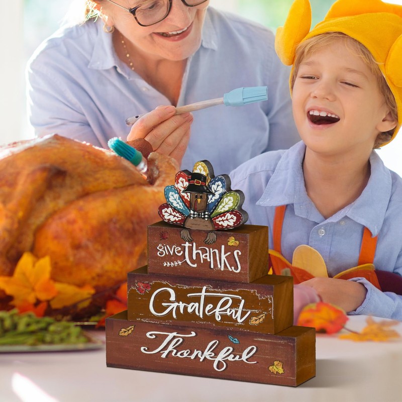 Smile Thanksgiving Decor Indoor Wooden Block Signs, Thankful Grateful Turkey