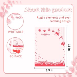 60 Pcs Valentine's Day Stationery Letterhead Paper Sweet Pink Love Heart Letter Writing Paper - 8.5 x 11 Inch Pink Letter Greeting Paper Set for Valentine's Day,Wedding,Anniversary & Crafting