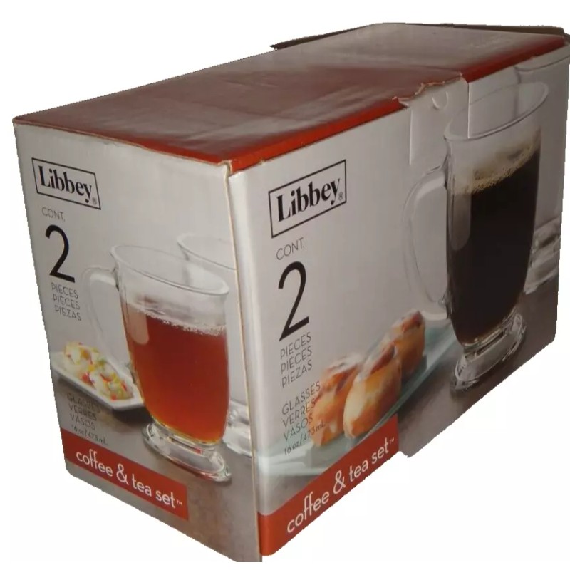 LIBBEY 2-PC Set Clear GLASSES Coffee MUGS Tea CUPS 16