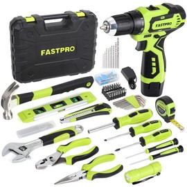 FASTPRO 160-Piece Home Tool kit with Drill, 12V Cordless Lithium-ion Drill Driver and Household Repairing Tool Set with Storage Case, For DIY, Home Maintenance, Green