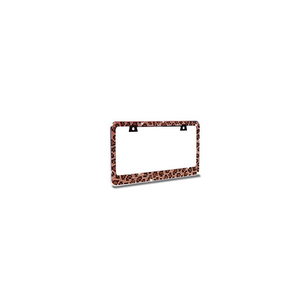 JR2 Premium Bling Brown/Black Leopard(Brown Cap-A Type) Crystal Diamond Rhinestone-Metal Chrome License Plate Frame