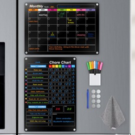 Black Magnetic Acrylic Dry Erase Calendar for Fridge, Monthly & Weekly/Chore Chart Planning Board Set for Kids/Adults/Teens, Includes 7 Colorful Markers, 16"x12"