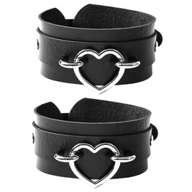 Manfnee 2Pack Punk Goth Bracelet for Man Women Leather Heart Metal Studded Cuff Wide Wristband Black