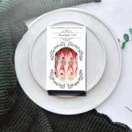 French Tip Press on Nails Cherry Fake Nails Almond False Nails with Red Rhinestones Design Full Cover Red Nail Tips Acrylic Nails Cute Cherry Nails Glossy Medium Length Glue on Nails for Women