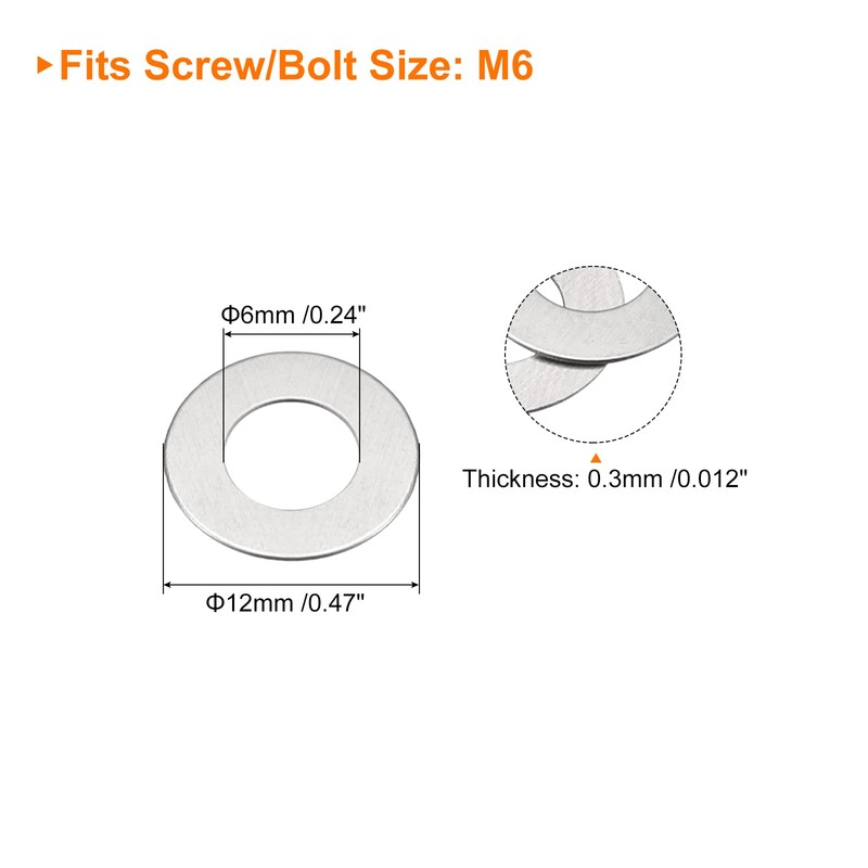 sourcing map M6 304 Stainless Steel Flat Washers, 100pcs 6x12x0.3mm