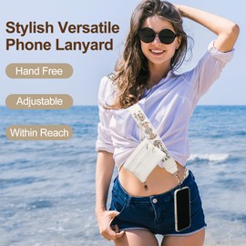 Allhercom Cell Phone Strap Crossbody, Detachable Cell Phone Lanyard with Wallet, Hand Free Adjustable Clip and Go Body Strap for Phone (White)