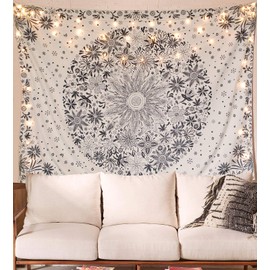 Neasow Bohemian Tapestry Wall Hanging, Beige White Floral Tapestry with Dotted Daisy Medallion Print Bedroom Boho Hippie Home Decor, 50×60 inches