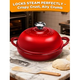 Dutch Oven Bread Baking Pot with Lid 6QT Enameled Cast Iron Oven, Gradient Red Design & Complete Sourdough Kit (Banneton Basket, Dough Tools, Silicone Sling) for Artisan Bread Making