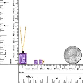 18K Yellow Gold Plated Silver Purple Amethyst and Black Onyx Pendant Necklace Earrings Set For Women (7.39 Cttw, Gemstone February Birthstone, Emerald Cut 14X10MM and 6X4MM, with 18 Inch Chain)