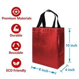 FONXHEE 12 Pack Red Gift Bags with Tissues, Medium Reusable Gift Bags with Handles, Shine, Sturdy, Glossy Metallic Non Woven Gift Bags for Christmas Birthday Party, 8 x 4 x 10 Inch