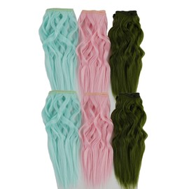 CliCling 6 Pcs DIY Doll Hair Wefts Synthetic Curly Doll Hair Extensions Accessories Doll Wig Doll Making Hair Doll Hair Crafts Doll Arts Supplies (Green & Blackish Green & Pink)