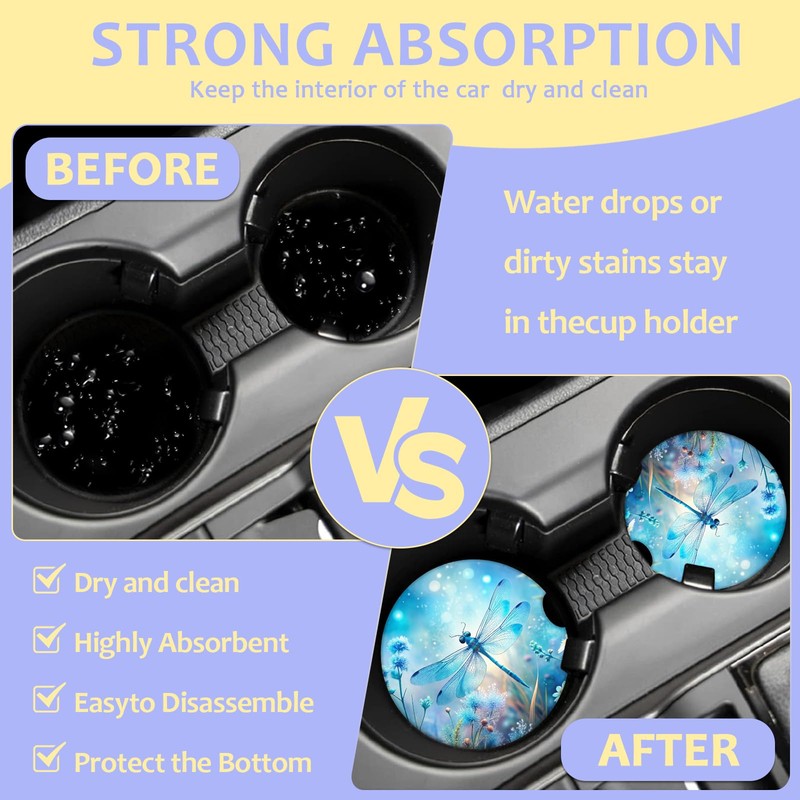 2 Pack Car Cup Holder Coaster-Blue Dragonfly Absorbent Ceramic Coaster,Car