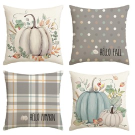 AVOIN colorlife Hello Fall Hello Pumpkin Throw Pillow Covers, 20 x 20 Inch Autumn Thanksgiving Harvest Eucalyptus Decorations for Sofa Couch Set of 4