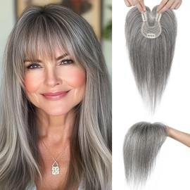 SEIKEA Hair Toppers for Women Real Human Hair, 10" Clip in Bangs Hand-tied Base 1.4 * 2.2inch Natural Realistic with Thinning Hair with Wispy Bangs Dark Gray