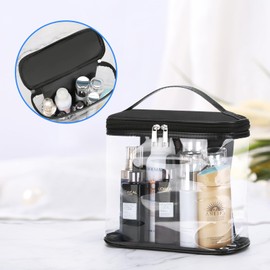 HAOGUAGUA Heavy Duty Leak Proof Clear Travel Bags for Toiletries, Transparent Makeup Cosmetic Bag with Zipper and Handle (Large, Black)