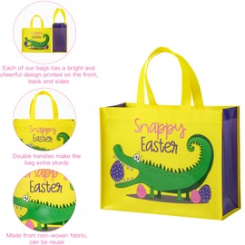 WRAPAHOLIC Large Reusable Easter Gift Bag with Handles - 10 x 5.5 x 13 inch - Crocodile and Easter Egg Snappy Easter