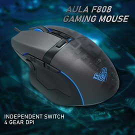 Aula F808 RGB Optical Wired Gaming Mouse with 4-Speed DPI, High Precision, 10 Programmable Mouse Buttons, USB Mouse for PC, Laptop, Computer, Black