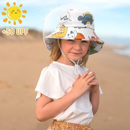 XYIYI Baby Toddler Children Cotton Sun Hat Fishing Hat with Neck Flap, White Dinosaur