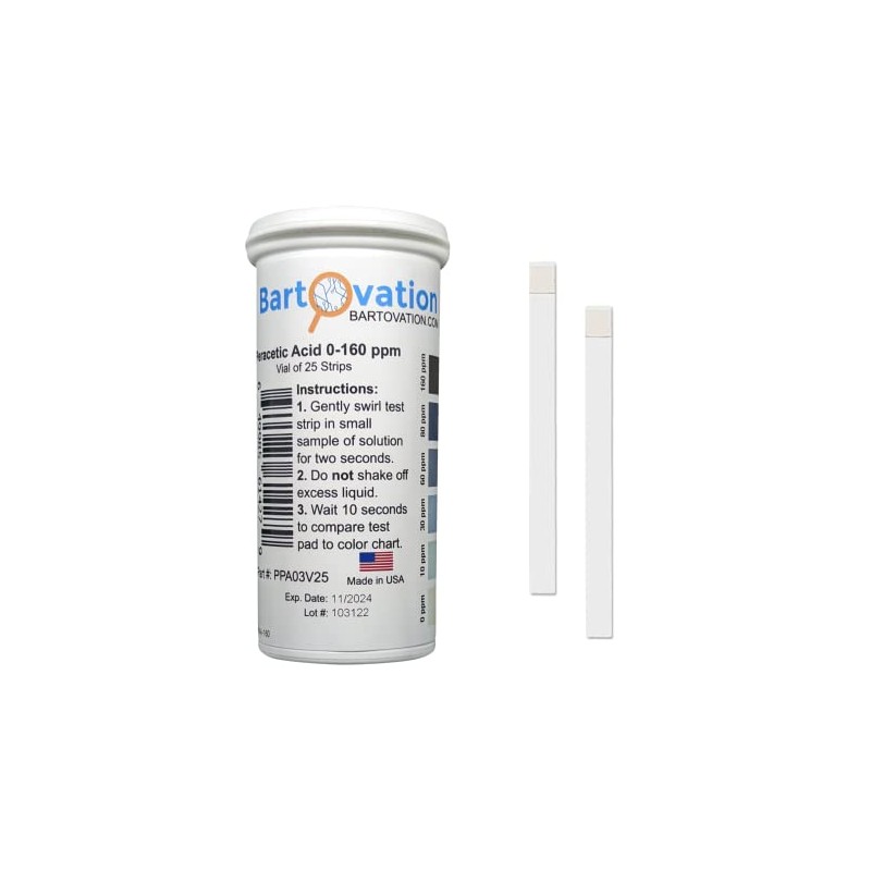 Peracetic Acid Test Strips, 0-160 ppm [Vial of 25 Strips]