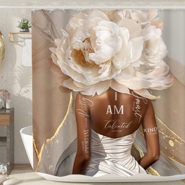 MESHELLY African American Abstract Shower Curtain 60Wx72H Pink Marble Shower Curtain Black Girl Shower Curtain Rose Gold Flower Positive Quotes Floral Black Women Bathroom Decor Fabric12 Hook