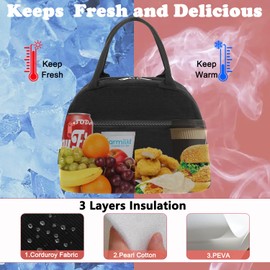 FlowFly Lunch Bag for Women Insulated Lunch Box Corduroy Lunch Tote Cooler for Travel Work Picnic,Corduroy Black