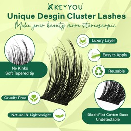 Lash Clusters 3D Effect Eyelash Clusters KEYYOU 144pcs D Curl 10mm Wispy Lashes Fluffy Cluster Lashes Natural Soft DIY Lash Extension(Empower-D-10)