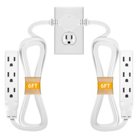 STARELO Twin Extension Cord Receptacle, 12FT Flat Plug with 6 3-Prong Receptacles, 6FT Long on Each Side, for Behind Beds, Sofas, Dressers, Furniture (White)