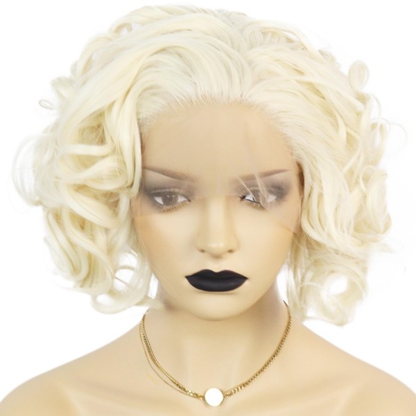 Anogol Hair Cap+Blonde Lace Front Wig Short Bob Curly Synthetic Hair Wigs for White Women Layered Platinum Blonde Lace Front Wig 613 Blonde Wig Synthetic Lace Front Wig for Custome Halloween Party