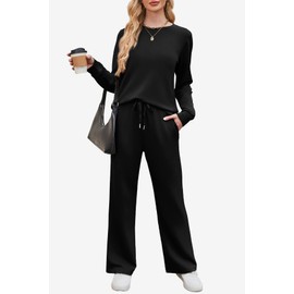 WIHOLL Fall Outfits for Women 2025 Matching Sets Clothing Holiday Two Piece Vacation Outfits Business Casual Cozy Athletic Athleisure Winter Conjuntos De 2 Piezas Para Mujer Black XL
