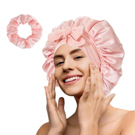 weidllys Satin Silk Bonnet for Sleeping Hair Bonnet with Tie Band Head Wrap Bonnets for Women Curly Natural Hair, Blush Pink, Large