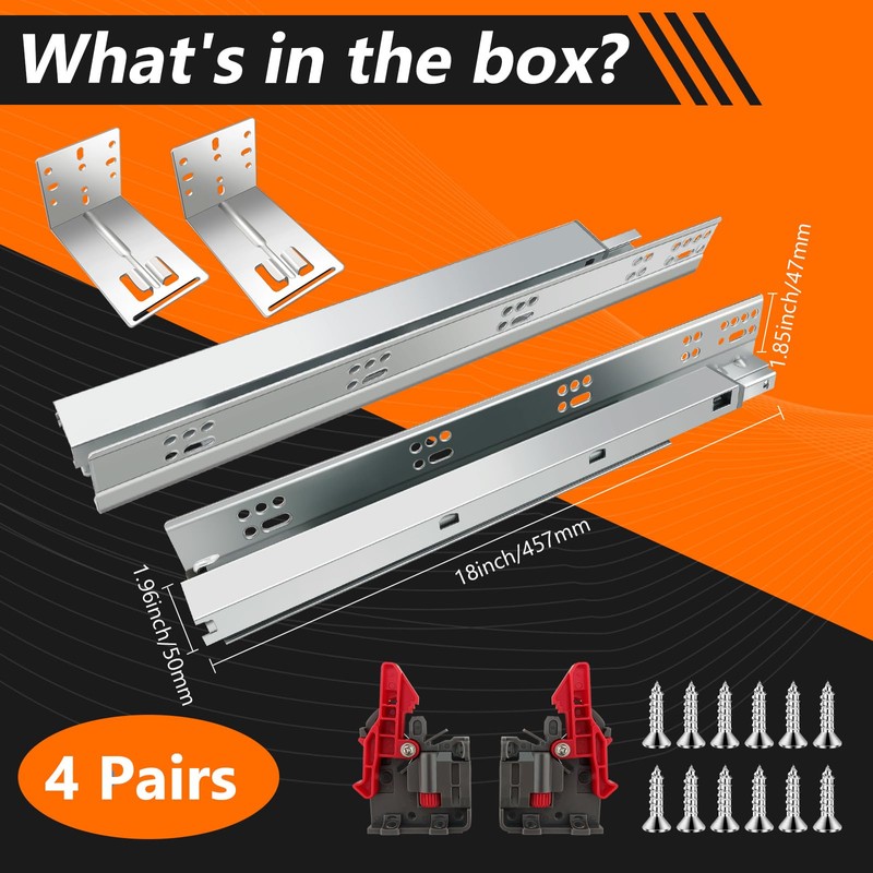 4Pair 8PCS Undermout Drawer Slides 12 15 18 21 Inch