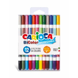 Carioca Bi-Color Washable Markers – 12 Double-Tip Felt Pens, 24 Colors Total, Conical Tip, Non-Toxic, Super Washable Ink, School & Art Supplies, Made in Italy