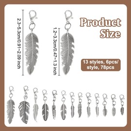 PH PandaHall Pack of 78 Feather Charms, 13 Styles, Antique Silver Feather Pendants, Metal Pendants in Tibetan Style for Making Dream Catchers, Kaychain Jewellery, 23 - 53 mm