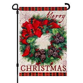 LUTER 12x18inch Merry Christmas Garden Garland Flag, Double Sided Burlap Plaid Edge Decorative Wreath Buffalo Burlap Garden Flags for Winter Outside Decorations Farm Yard Wall Decor